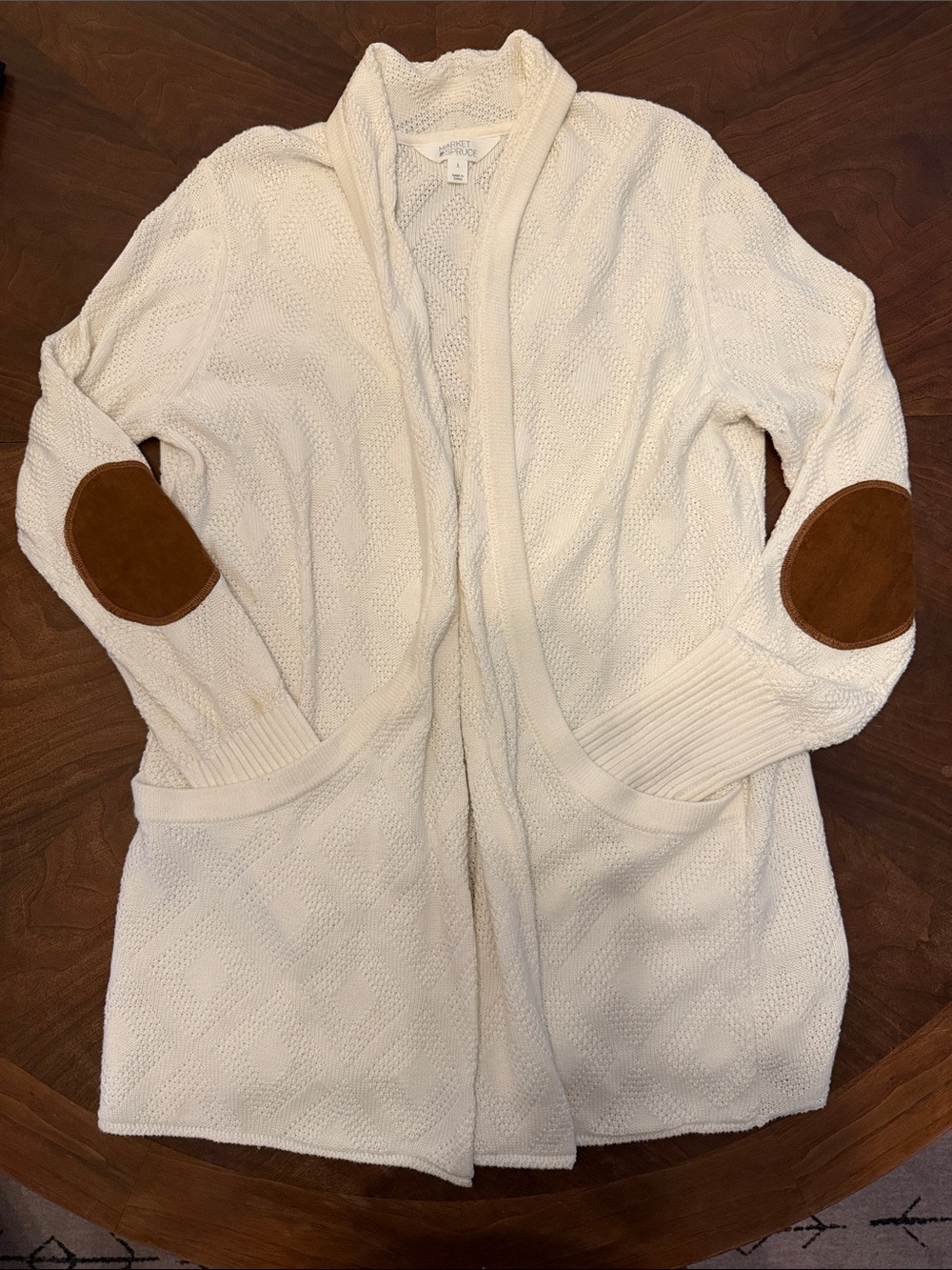 Market & Spruce Cream Open-Front Cardigan with Brown Elbow Patches
